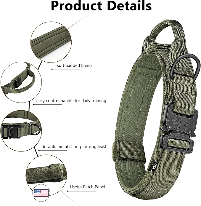 DAGANXI Tactical Dog Collar, Adjustable Military Training Nylon Dog Collar with Control Handle and Heavy Metal Buckle for Medium and Large Dogs, with Patches and Airtags Case (L, Green)