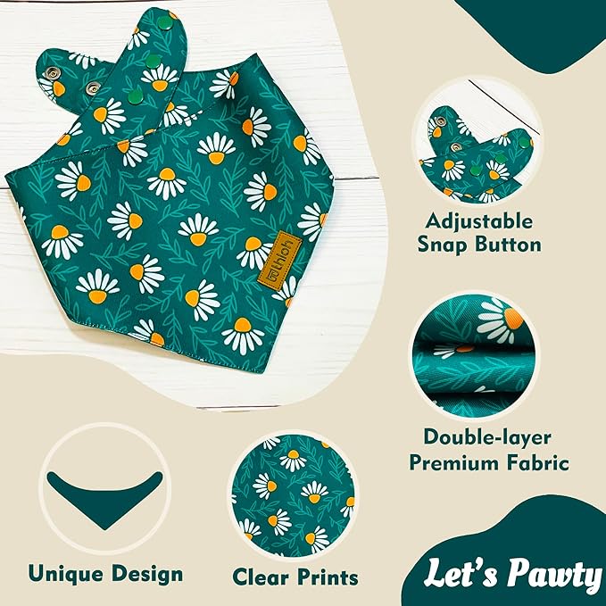 Spring Dog Bandanas with Snap Button, 2 Pack Floral Dog Scarf for Boy & Girl, Durable Fabric, Adjustable Fit, Unique Shape, Gift for Dogs, Daisy Bandana for Large and Extra Large Dogs (X-Large)