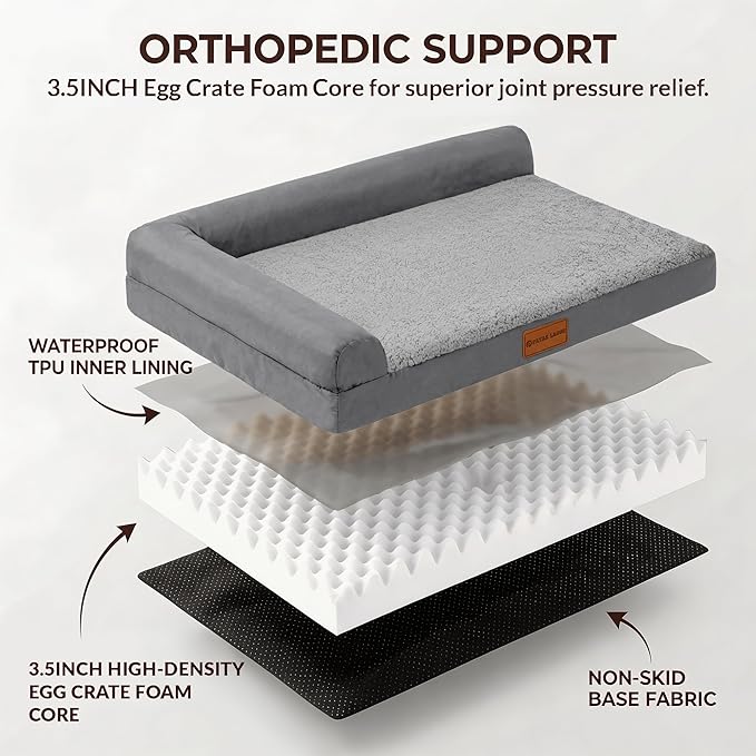 Patas Lague Orthopedic Jumbo Dog Bed for Extra Large Dogs 56''X40'', Waterproof L Bolster Pet Sofa Beds with Removable Washable Cover, Soft Comfortable Pet Couch Crate Mat with Nonskid Bottom, Grey