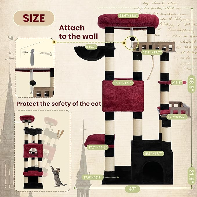 Maine Coon Cat Tree, Heavy Duty Cat Tree for Indoor Cats Large Adult, Gothic Cat Tower for Large Cats 20 lbs+ with Hammock, 2 Big Perches, 2 Cat Condos, 15 Scratching Posts, Black GCT033BR