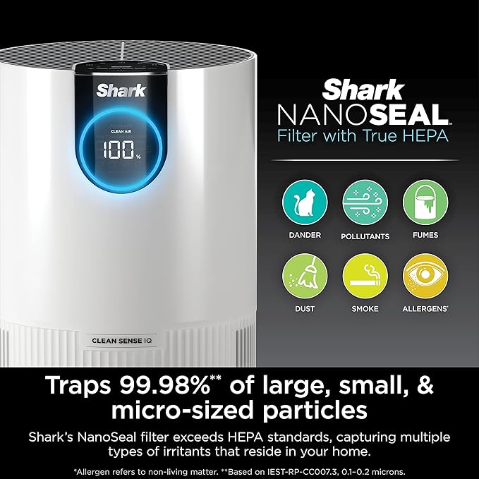 Shark Air Purifiers For Home Pets, 2 Pack, Allergies, Pet Hair, HEPA Air Filter, 500 Sq Ft, Small Room, Bedroom, Odor Eliminator Clean Sense, Captures 99.98% of Particles, Pet Dander, Fur, HP102PK2 (Renewed)