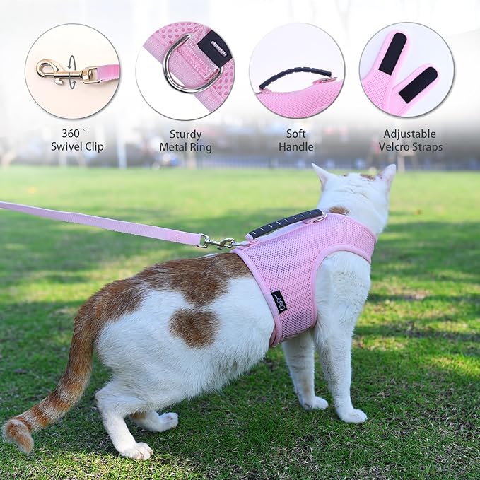 Cat Harness and Leash for Walking Escape Proof Breathable Mesh Fabric, Solid Pink, XX-Large, Adjustable Cat Walking Jackets with Handle, Padded Stylish Cat Vest