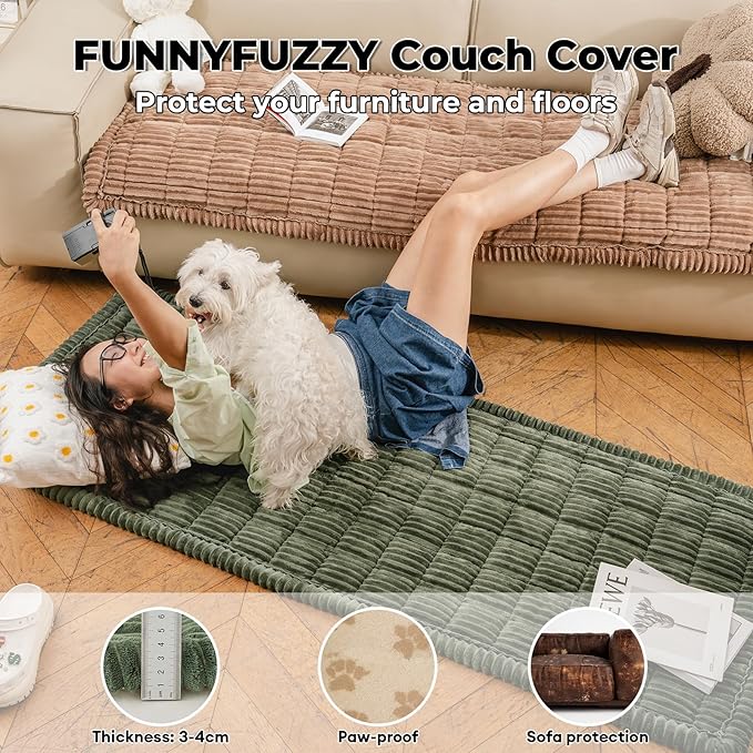 FUNNY FUZZY Pet Couch Covers for Sofa, Washable Dog Couch Cover Protector for Dogs, Flannel Couch Covers for Dogs Pet Friendly Pets Mat Bed Sofa Cover (Dark Green, 27.6"×70.9")