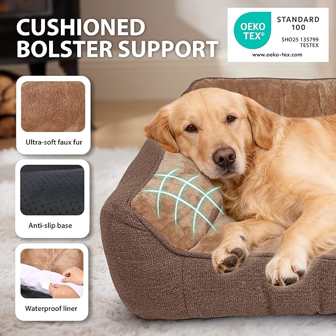 Orthopedic Dog Bed for Extra Large Dogs - Extra Thick Supportive Dog Couch Bed, Pet Beds Sofa with Waterproof Washable Cover & Non-Slip Bottom, Brown, 42x30 Inch