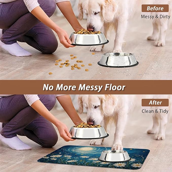Starry Night Pet Feeding Mat,Moon Daisy Flower Absorbent Quick-Dry Cat Dog Food and Water Bowl Mats,Non-Slip Rubber Backing Mat,Cat Dog Accessories Supplies 12"x20"