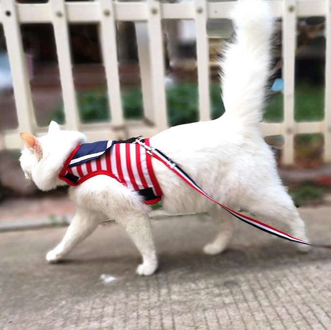 Cat Harness and Leash for Walking Escape Proof, Adjustable Cat Vest Harness, Padded Stylish Cat Walking Jackets, Sailor Suit Red, Extra Large
