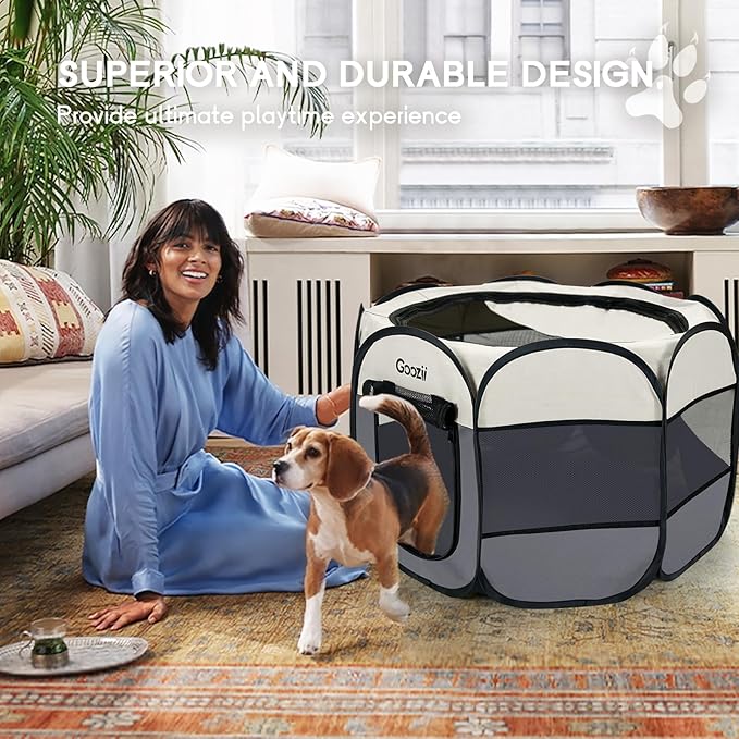 Pet Cat Playpen for Indoor Cats Enclosed, Puppy Dog Play Pen for Outdoor Travel Camping (Medium Size, Beige & Dark Grey)