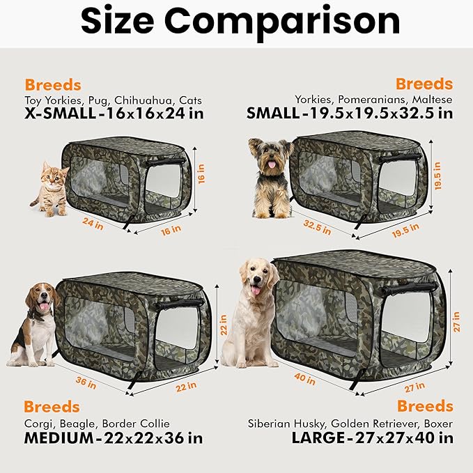 Beatrice Home Fashions Portable, Collapsible, Pop Up Kennel Travel Cat and Dog Crate, 36" L x 22" W x 22" H, Camo Green