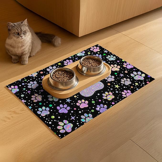 Pet Feedings Mats 20x12 inch Glitter Paw Print Pet Bowl Placemat Non Slip Mat for Cats and Dog Food and Water Indoor Feeding Station Cute Pet Meal Mat for Small Pets Kitchen Floor Use