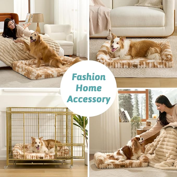 Cute Dog Bed for Medium Dogs, Faux Rabbit Fur Orthopedic Foam Dog Bed with Sides, Removable Washable Cover & Waterproof Lining, Comfortable Pet Couch, Tie-Dye Brown (36" L x 20" W x 6" Th)