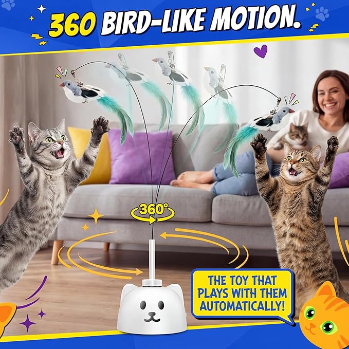 Interactive Cat Toys for Indoor Cats - Automatic Flying Bird Feather Toy, USB Rechargeable Electric Cat Teaser with Strong Sticky Base, Smart Motion Self-Play Toy for Bored Cats(Green)