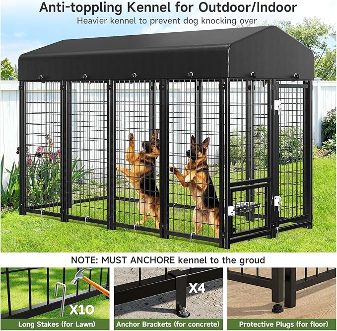 2PCS Dog Kennel Outdoor, Large Outside Dog Kennel with Roof & Swivel Feeders/Removable Doggy Door Allow Connecting Your Dog House, Heavy Duty Dog Run Pen for Medium/Large Dogs (8'Lx4'Wx6'H)