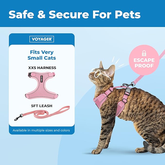 Voyager Escape-Proof Step-in Lock Cat Harness & 5ft Neoprene-Handle Leash Set All-Weather Mesh with Reflective Stitching for Small to Large Cats by Best Pet Supplies, Pink (327), XXS
