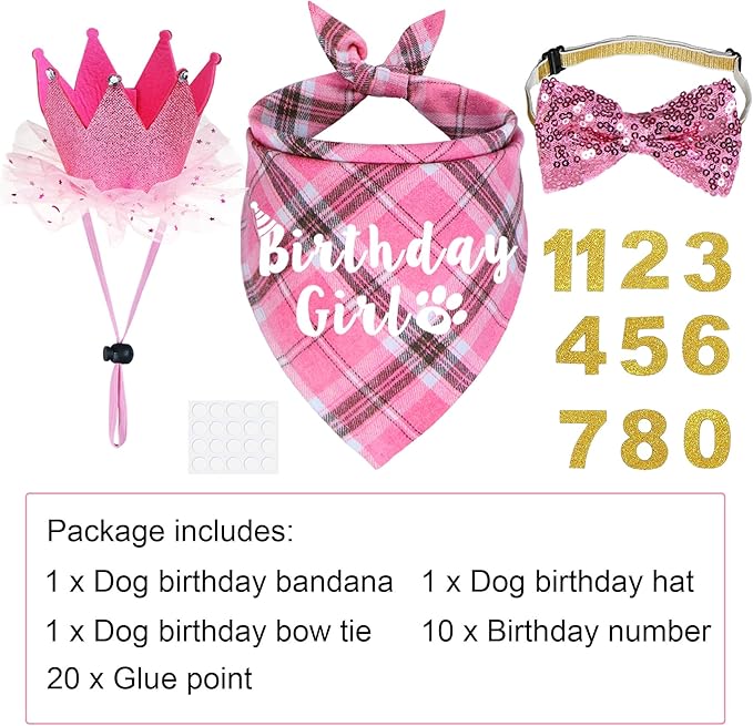 Dog Birthday Party Supplies, Multi Sizes Dog Birthday Bandana Girl Dog Birthday Hat Crown with Birthday Numbers Bow Tie for Large Extra Large Dogs Pets (Pink, X-Large)