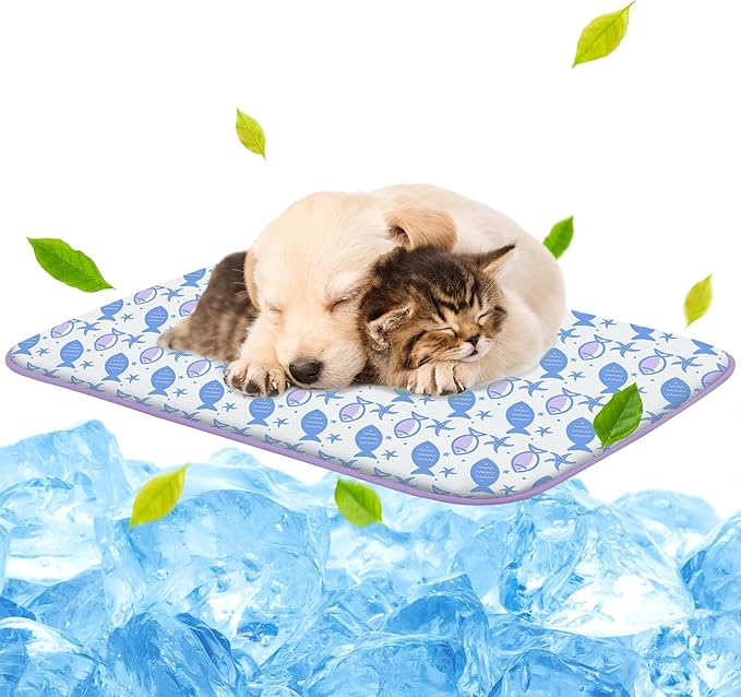 NWK Pack of 4 Pet Cooling Mat - Ice Silk Cooling Mat for Dogs & Cats Portable & Washable Pet Cooling Blanket, Car Seats, Beds for Summer (4pcs, Purple Fish, 27’’ X 20’’ X 0.3)