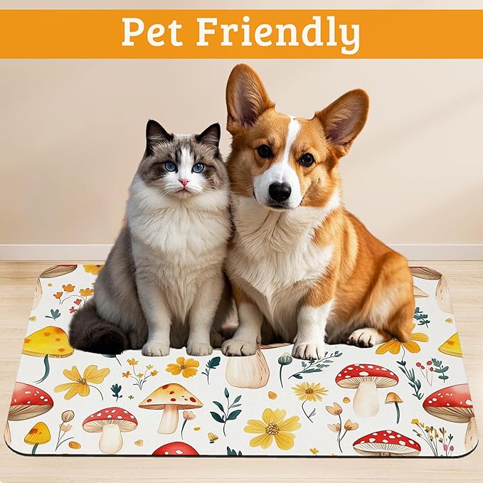 Pet Feeding Mat,Mushroom Absorbent Dog Cat Food Mat Flowers Dog Mat with Rubber Backing,Non-Slip Water Bowl Placemat,Pet Supplies 12" x 20"