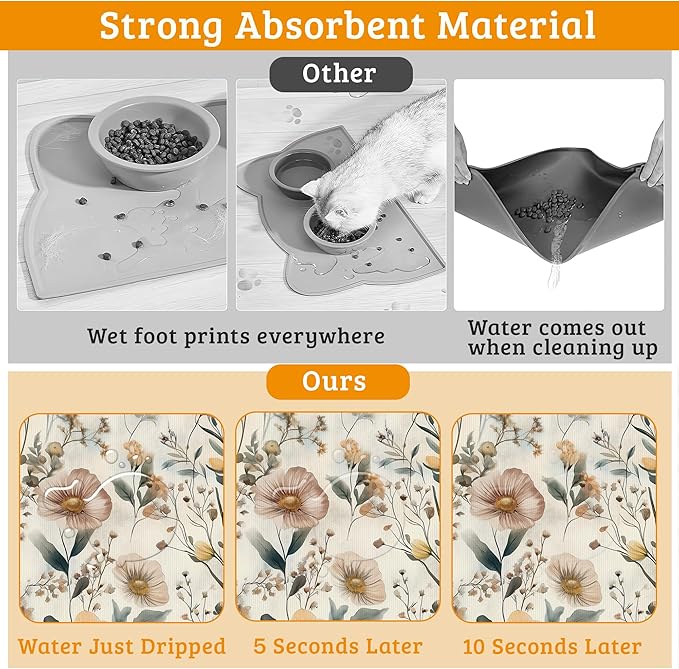 Vintage Flowers Dog Cat Food Mat,Herbs Absorbent Waterproof Placemat for Food and Water Non Slip Rubber Backing Durable Feeding Pad for Clean Floors 16" x 24"