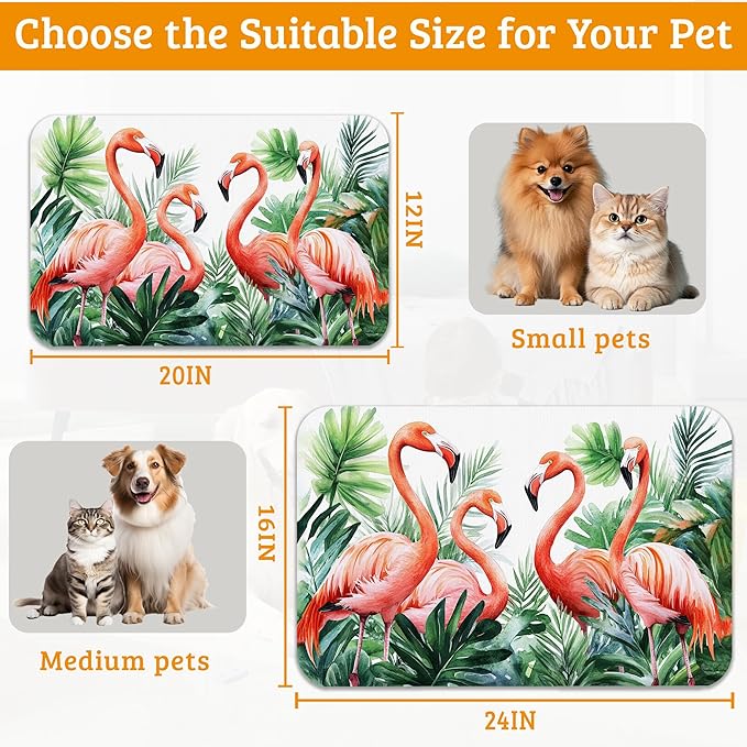 Pink Flamingo Dog Food Mat,Plam Leaves Absorbent Pet Feeding Mat for Food and Water Bowl,Quick Dry Dog Placemat Non Slip Rubber Backing Waterproof Pet Supplies 16" x 24"