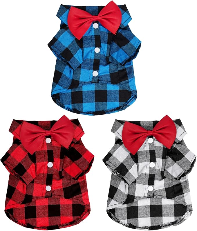 Tongcloud 3 Pack Plaid Puppy Cat Shirt - Cute Dog Shirts for Large Dogs and Cats - Birthday Party and Holiday Photo