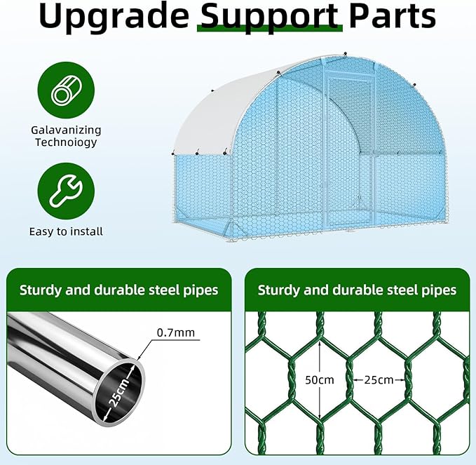 4ever2buy Large Metal Chicken Coop with Run Walk-in Poultry Cage Chicken Runs House Pen Cage Dome Roofed Chicken Coops with Anti-Ultraviolet Cover for Outdoor Yard Farm Use 9.5'W x 6.45'L x 6.3'H
