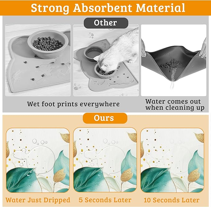Green Plam Dog Cat Food Mat,Tropical Leaves Absorbent Waterproof Placemat for Food and Water Non Slip Rubber Backing Durable Feeding Pad for Clean Floors 16" x 24"