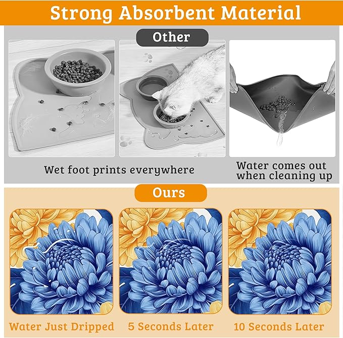 Blue Yellow Flowers Dog Food Mat,Absorbent Pet Feeding Mat for Food and Water Bowl,Quick Dry Dog Placemat Non Slip Rubber Backing Waterproof Pet Supplies 16" x 24"
