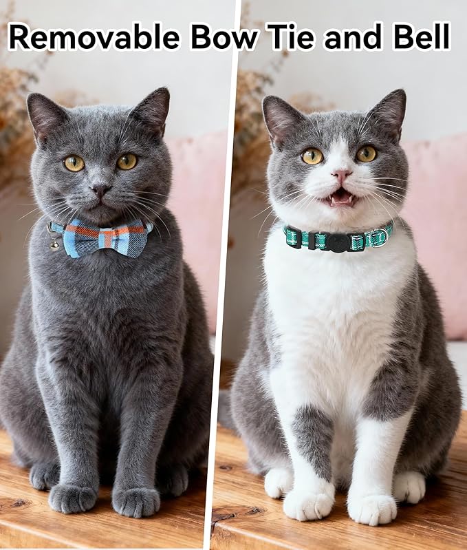 Joytale Upgraded Cat Collar with Bells, Breakaway Cat Collars with Bow Tie, 2 Pack Girl Boy Safety Plaid Kitten Collars, Haze Blue+Teal