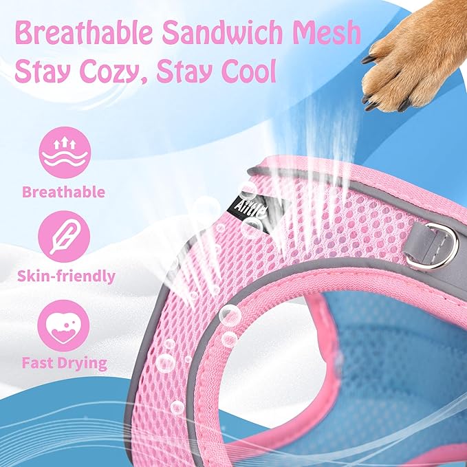 AIITLE Escape Proof Dog Harness - Step in Adjustable Dog Harness No Choke Over with Breathable Mesh and Quick-Release Buckle for All Weather- Outdoor Walking, Training for Medium Dogs Pink XL