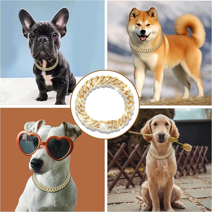 Dog Chain Designer Gold Crystal Pet Collar Cuban Link Chain with Secure Buckle Luxury Adjustable Necklacefor Small Medium Large Dogs Cats(Glod 22inch)