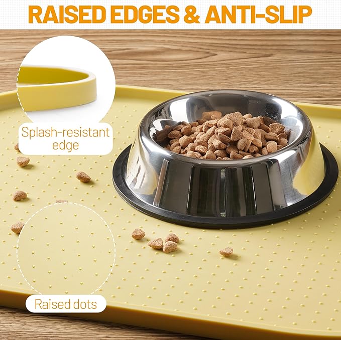 Hubulk 100% Waterproof Silicone Pet Feeding Mat with Raised Edge for Food and Water, Dog Bowl Mats, Cat Bowls Placemat with High Lip Protects Floor for Cats and Dogs (Yellow, 16" L x 10" W)