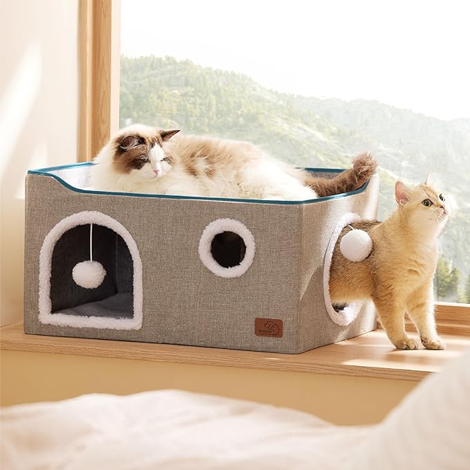 Bedsure Large Cat Beds for Indoor Cats - Extra Wide Cat Cube House for Small Pet with Fluffy Ball Hanging and Scratch Pad, Foldable Pet Cave Hideaway for Multiple Cats, 23.6x16.9x13 inches, Grey