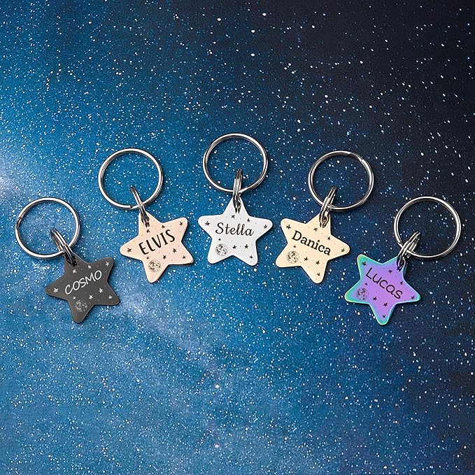 Anavia Small Size Dog Cat ID Tags, Small/XS Personalized Color Plated Stainless Steel Puppy Kitten Name Tags, Customized Engraved Nameplate Pet Collar Tag (Gold, Star)