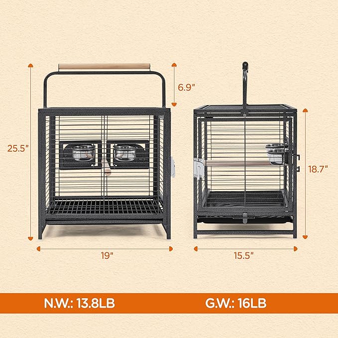 Yaheetech 25.5'' Wrought Iron Bird Travel Carrier Cage Parrot Cage with Handle Wooden Perch & Seed Guard for Small Parrots Canaries Budgies Parrotlets Lovebirds Conures Cockatiels