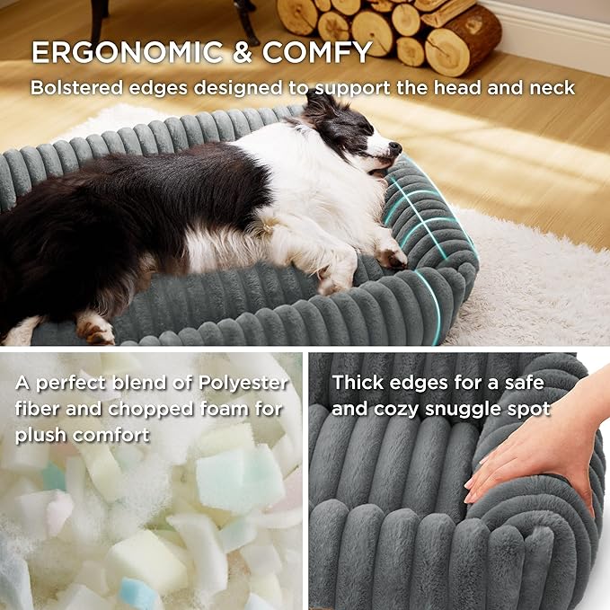 Bedsure ComfyFleece™ Cute Dog Bed for Small Medium Dogs - Washable Furry Puppy Beds, Rectangle Orthopedic Corduroy Fleece Pet Beds with Removable Zipper Cover, 25x21x7inches, Warm Grey