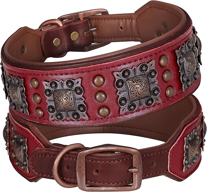 PET ARTIST Soft Padded Leather Dog Collar, 2 inch Wide Genuine Leather Dog Collars with Stylish Studded Rivet & Metal Buckle, Luxury & Adjustable Pet Collars for Medium Dogs,Red,Neck 16-19"
