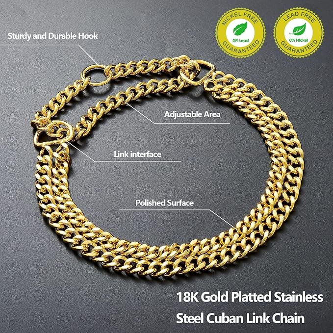 Gold Dog Chain Collar Stainless Steel 18K Gold Collar Adjustable Walking, Metal Cuban Link Chew Proof Double Row Chain for Large Small Medium Dogs