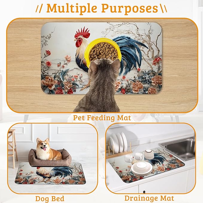 Dog Bowl Mat,Chicken Painting Pet Feeding Mat for Floors Waterproof,Flowers Absorbent Dogs Placemat for Food and Water Quick Dry Pet Cat Feeding Mats with Non Slip Bottom 12" x 20"