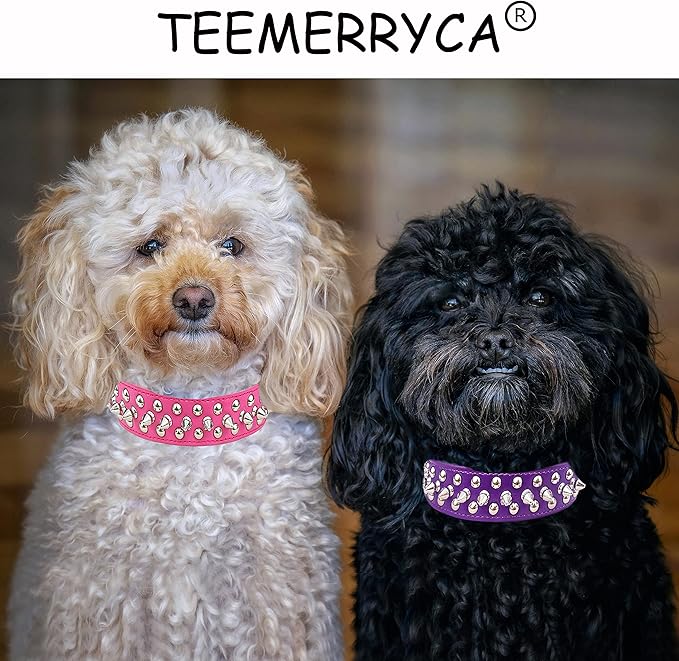 TEEMERRYCA Adjustable PU Leather Spiked Studded Dog Collars with a Squeak Ball Gift for Small Medium Large Pets Like Cats/Pit Bull/Bulldog/Pugs/Husky, Hot Pink, L 15"-18.5"