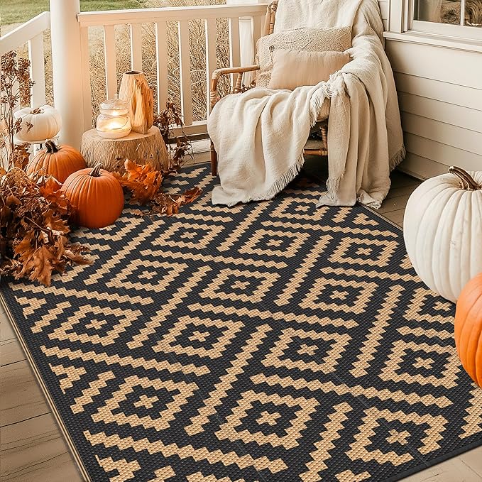 GENIMO Outdoor Rugs 8x10 Waterproof, Reversible Mats, Area Plastic Straw Rug, Outside Carpet, Geometric Rv Mat for Patio Camping Rv Picnic Backyard Deck Balcony Porch Beach Trailer (Black & Brown)