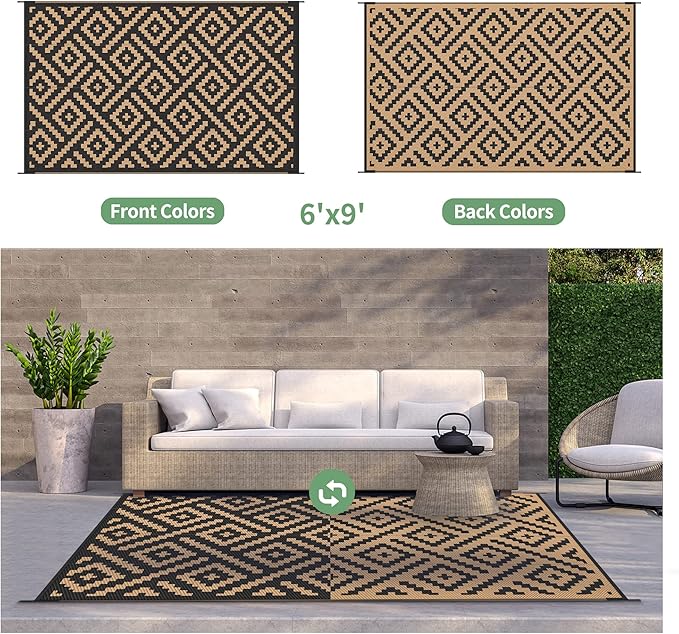 GENIMO Outdoor Rug for Patio Clearance,6'x9' Waterproof Mat,Reversible Plastic Camping Rugs,Rv,Deck,Porch,Camper,Balcony,Backyard (Black & Brown)