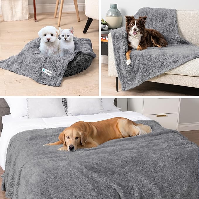 PetAmi Fluffy Waterproof Dog Blanket for Medium Large Dogs, Soft Warm Pet Sherpa Throw Pee Proof Couch Cover, Reversible Cat Bed Blanket Sofa Protector, Plush Washable Pad (Light Grey, 40x60)