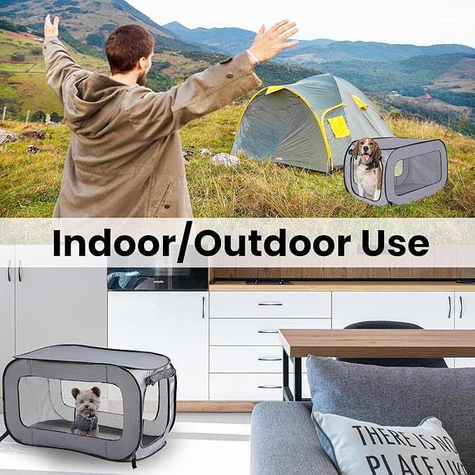 Beatrice Home Fashions Portable, Collapsible, Pop Up Kennel Travel Cat and Dog Crate, 32.5" L x 19.5" W x 19.5" H, Gray