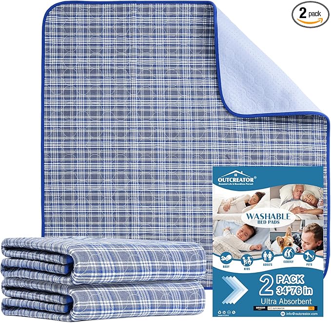 OUTCREATOR® Washable Bed Pads 34" x 76" (Pack of 2) for Incontinence Mattress Protector, Reusable Underpads for Elderly, Adults, Kids, Pets with Anti-Slip Bottom (Light Blue Plaid)