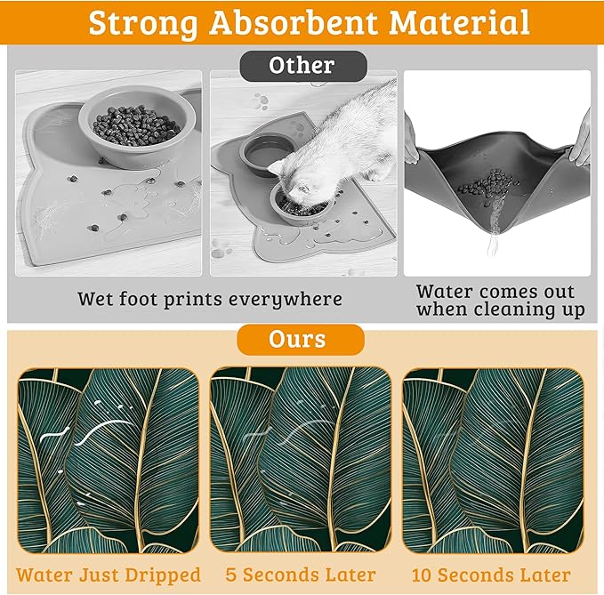 Tropical Palm Feeding Mat,Green Leaves Absorbent Quick-Dry Cat Dog Food and Water Bowl Mats,Non-Slip Rubber Backing Mat,Cat Dog Accessories Supplies 12" x 20"