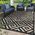 GENIMO Outdoor Rugs 8x10 Waterproof, Reversible Mats, Area Plastic Straw Rug, Outside Carpet, Geometric Rv Mat for Patio Camping Rv Picnic Backyard Deck Balcony Porch Beach Trailer (Black & Beige)