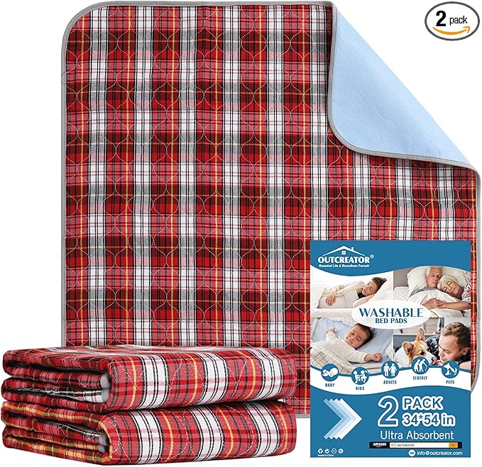OUTCREATOR® Washable Bed Pads 34" x 54" (Pack of 2) for Incontinence Mattress Protector, Reusable Underpads for Elderly, Adults, Kids, Pets with Anti-Slip Bottom (Red Plaid)
