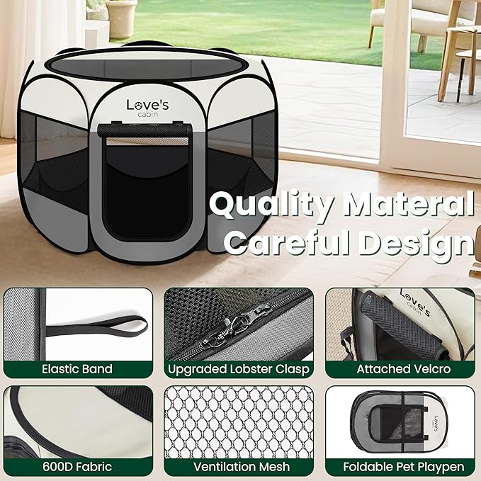 Love's cabin Pet Puppy Dog Playpen, Medium Dog Tent Crates Cage Indoor/Outdoor, Portable Playpen for Cat, Foldable Pop Up Dog Kennel Playpen with Carring Case, Removable Zipper Top, Grey