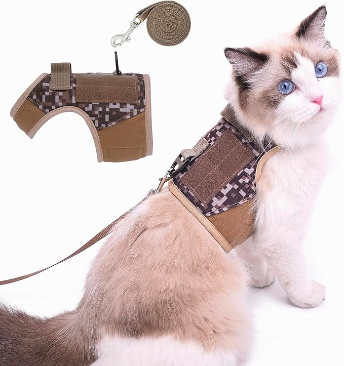 Tactical Kitty Harness and Leash for Walking Escape Proof, Desert Camo, Small, Adjustable Cat Walking Jackets, Padded Stylish Cat Vest for Winter