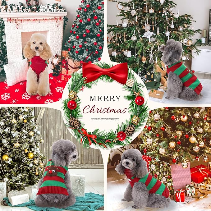 Dog Cat Christmas Sweater Boy Girl Ugly Reindeer Xmas Pet Clothes Holiday Puppy Costume New Year Gifts for Small Medium Large Dogs Outfits (XXL, Red Green Stripe Reindeer)