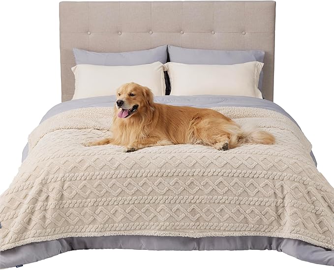 Bedsure Waterproof Dog Blankets for Bed - Pet Blanket for Bed Couch Protector Washable, Jacquard Coral Fleece Cat Throw Blanket, Soft Plush Reversible Furniture Protection, Queen, 86x90, Cream